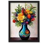 Doppelganger33 LTD Boldly Coloured Flower Bouquet In Decorative Vase Artwork Framed Wall Art Print A4