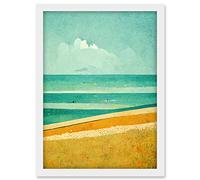 Doppelganger33 LTD Calm Sandy Beach Summer Scene In Ochre And Teal Minimalist Artwork Framed A3 Wall Art Print