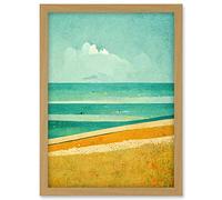 Doppelganger33 LTD Calm Sandy Beach Summer Scene In Ochre And Teal Minimalist Artwork Framed A3 Wall Art Print