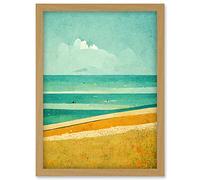 Doppelganger33 LTD Calm Sandy Beach Summer Scene In Ochre And Teal Minimalist Artwork Framed Wall Art Print A4