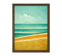 Doppelganger33 LTD Calm Sandy Beach Summer Scene In Ochre And Teal Minimalist Artwork Framed Wall Art Print 18X24 Inch