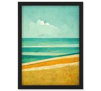 Doppelganger33 LTD Calm Sandy Beach Summer Scene In Ochre And Teal Minimalist Artwork Framed Wall Art Print A4