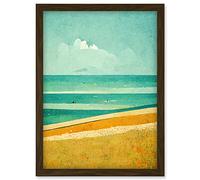 Doppelganger33 LTD Calm Sandy Beach Summer Scene In Ochre And Teal Minimalist Artwork Framed Wall Art Print A4