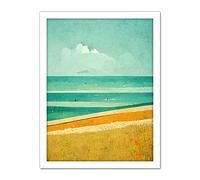 Doppelganger33 LTD Calm Sandy Beach Summer Scene In Ochre And Teal Minimalist Artwork Framed Wall Art Print 18X24 Inch