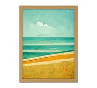 Doppelganger33 LTD Calm Sandy Beach Summer Scene In Ochre And Teal Minimalist Artwork Framed Wall Art Print 18X24 Inch