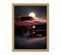 Doppelganger33 LTD Classic Red Sports Muscle Car On A Rainy Atmospheric Night Artwork Framed Wall Art Print 18X24 Inch