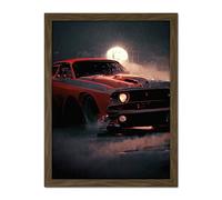 Doppelganger33 LTD Classic Red Sports Muscle Car On A Rainy Atmospheric Night Artwork Framed Wall Art Print 18X24 Inch