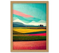 Colourful Abstract Modern Country Landscape Multicoloured Artwork Framed Wall Art Print A4 Artery8 Light Oak One Size