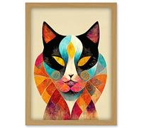 Doppelganger33 LTD Colourful Boho Abstract Cat Illustration Artwork Framed Wall Art Print A4