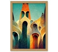 Doppelganger33 LTD Colourful Modern Painting Gaudi Style Architecture Sagrada Familia Artwork Framed Wall Art Print A4
