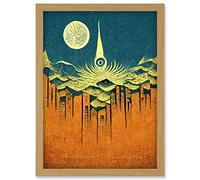 Conceptual Abstract Gold Landscape Full Moon Linocut Artwork Framed Wall Art Print A4 Artery8 Light Oak One Size