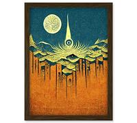 Conceptual Abstract Gold Landscape Full Moon Linocut Artwork Framed Wall Art Print A4 Artery8 Brown One Size