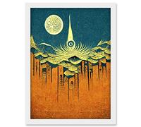 Conceptual Abstract Gold Landscape Full Moon Linocut Artwork Framed Wall Art Print A4 Artery8 White One Size