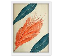 Doppelganger33 LTD Coral And Teal Feather Detail Illustration Artwork Framed Wall Art Print A4