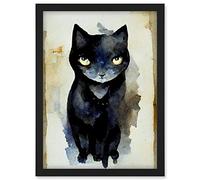 Doppelganger33 LTD Curious Black Cat Watercolour Painting Artwork Framed A3 Wall Art Print