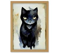 Doppelganger33 LTD Curious Black Cat Watercolour Painting Artwork Framed A3 Wall Art Print