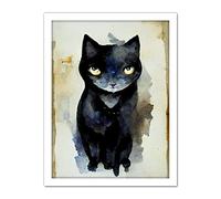 Doppelganger33 LTD Curious Black Cat Watercolour Painting Artwork Framed Wall Art Print 18X24 Inch