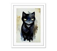 Doppelganger33 LTD Curious Black Cat Watercolour Painting Artwork Framed Wall Art Print 18X24 Inch