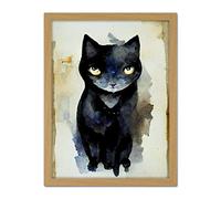 Doppelganger33 LTD Curious Black Cat Watercolour Painting Artwork Framed Wall Art Print 18X24 Inch