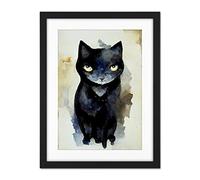 Doppelganger33 LTD Curious Black Cat Watercolour Painting Artwork Framed Wall Art Print 18X24 Inch