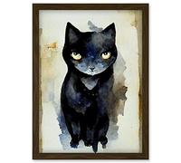 Doppelganger33 LTD Curious Black Cat Watercolour Painting Artwork Framed Wall Art Print A4