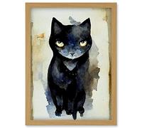 Doppelganger33 LTD Curious Black Cat Watercolour Painting Artwork Framed Wall Art Print A4