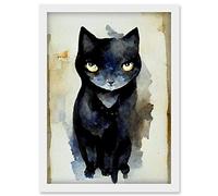 Doppelganger33 LTD Curious Black Cat Watercolour Painting Artwork Framed Wall Art Print A4