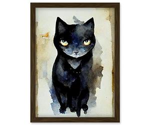 Doppelganger33 LTD Curious Black Cat Watercolour Painting Artwork Framed Wall Art Print A4