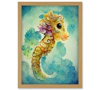 Doppelganger33 LTD Cute Baby Seahorse Kids Bedroom Watercolour Illustration Artwork Framed Wall Art Print A4