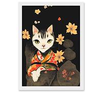 Doppelganger33 LTD Cute Cat In Kimono Sitting On A Bed Of Rocks With Flowers Artwork Framed A3 Wall Art Print
