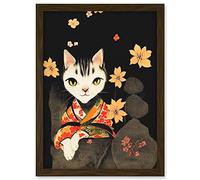 Doppelganger33 LTD Cute Cat In Kimono Sitting On A Bed Of Rocks With Flowers Artwork Framed Wall Art Print A4