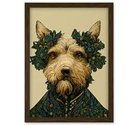 Cute Fun Westie Dog Vintage William Morris Style Artwork Framed Wall Art Print A4 Artery8 Brown One Size