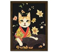 Doppelganger33 LTD Cute Ginger Cat In Red And Yellow Kimono Sitting On A Bed Of Rocks With Flowers Artwork Framed Wall Art Print A4