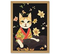 Doppelganger33 LTD Cute Ginger Cat In Red And Yellow Kimono Sitting On A Bed Of Rocks With Flowers Artwork Framed Wall Art Print A4