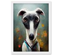 Doppelganger33 LTD Cute Greyhound Whippet Dog In Summer Meadow Painting Artwork Framed A3 Wall Art Print
