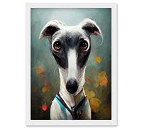 Doppelganger33 LTD Cute Greyhound Whippet Dog In Summer Meadow Painting Artwork Framed Wall Art Print A4