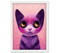 Doppelganger33 LTD Cute Kawaii Cat Portrait Pink And Purple Kids Artwork Framed Wall Art Print A4