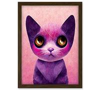 Doppelganger33 LTD Cute Kawaii Cat Portrait Pink And Purple Kids Artwork Framed Wall Art Print A4