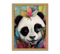Doppelganger33 LTD Cute Panda In Bright Colourful Tribal Pattern Jungle Leaves Illustration Artwork Framed Wall Art Print 18X24 Inch