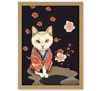 Doppelganger33 LTD Cute White Cat In Red Kimono Sitting By Bed In Japanese House Artwork Framed Wall Art Print A4