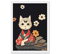 Doppelganger33 LTD Cute White Cat In Red Kimono Sitting On A Rock With Flowers Artwork Framed Wall Art Print A4