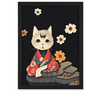 Doppelganger33 LTD Cute White Cat In Red Kimono Sitting On A Rock With Flowers Artwork Framed Wall Art Print A4