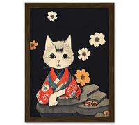 Doppelganger33 LTD Cute White Cat In Red Kimono Sitting On A Rock With Flowers Artwork Framed Wall Art Print A4