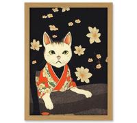 Doppelganger33 LTD Cute White Cat In Red Kimono Sitting On The Floor In Japanese House Artwork Framed Wall Art Print A4