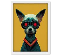 Doppelganger33 LTD Cyborg Chihuahua Dog With Infrared Goggles In Mustard Red Background Artwork Framed Wall Art Print A4