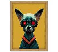 Doppelganger33 LTD Cyborg Chihuahua Dog With Infrared Goggles In Mustard Red Background Artwork Framed Wall Art Print A4