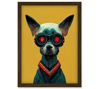 Doppelganger33 LTD Cyborg Chihuahua Dog With Infrared Goggles In Mustard Red Background Artwork Framed Wall Art Print A4