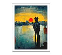Doppelganger33 LTD Dramatic Sunset Silhouette City Skyline Lake Oil Painting Artwork Framed Wall Art Print 18X24 Inch