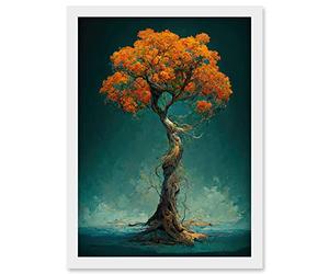 Doppelganger33 LTD Elegant Ancient Lone Autumn Fall Tree On Teal Artwork Framed A3 Wall Art Print