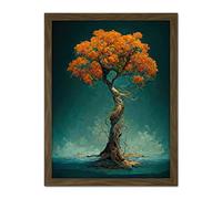 Doppelganger33 LTD Elegant Ancient Lone Autumn Fall Tree On Teal Artwork Framed Wall Art Print 18X24 Inch